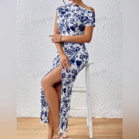 Beautiful Women's Floral Printed Asymmetric Neckline High Split Dress. - Picture 2 of 5